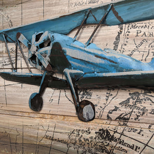 World Traveling Airplane #4 24" x 16" Solid Pine Wood & Metal 3D Art - Pilot Toys