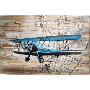 World Traveling Airplane #4 24" x 16" Solid Pine Wood & Metal 3D Art - Pilot Toys