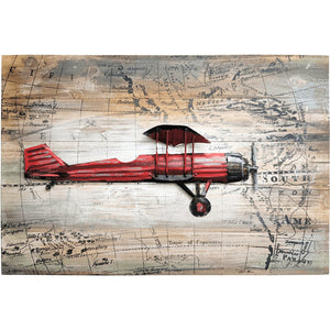 World Traveling Airplane #1 24" x 16" Solid Pine Wood & Metal 3D Art - Pilot Toys