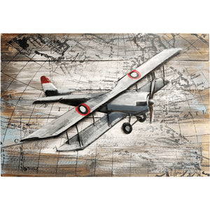 World Traveling Airplane #2 24" x 16" Solid Pine Wood & Metal 3D Art - Pilot Toys
