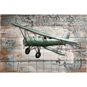 World Traveling Airplane #3 24" x 16" Solid Pine Wood & Metal 3D Art - Pilot Toys